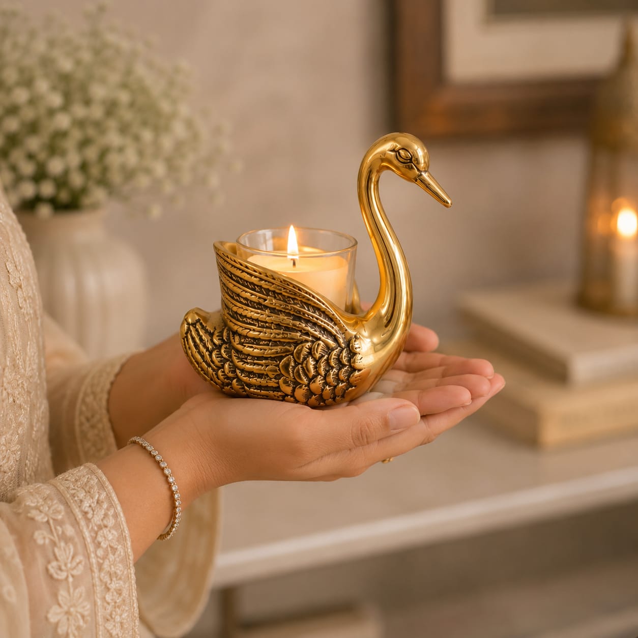 Niyara Golden Swan Tealight Candle Holders Set of 2 | Decorative Metal Candle Stand for Home Decor | Luxury Table Centerpiece for Living Room, Dining Table, Bedroom, Diwali & Wedding Decoration