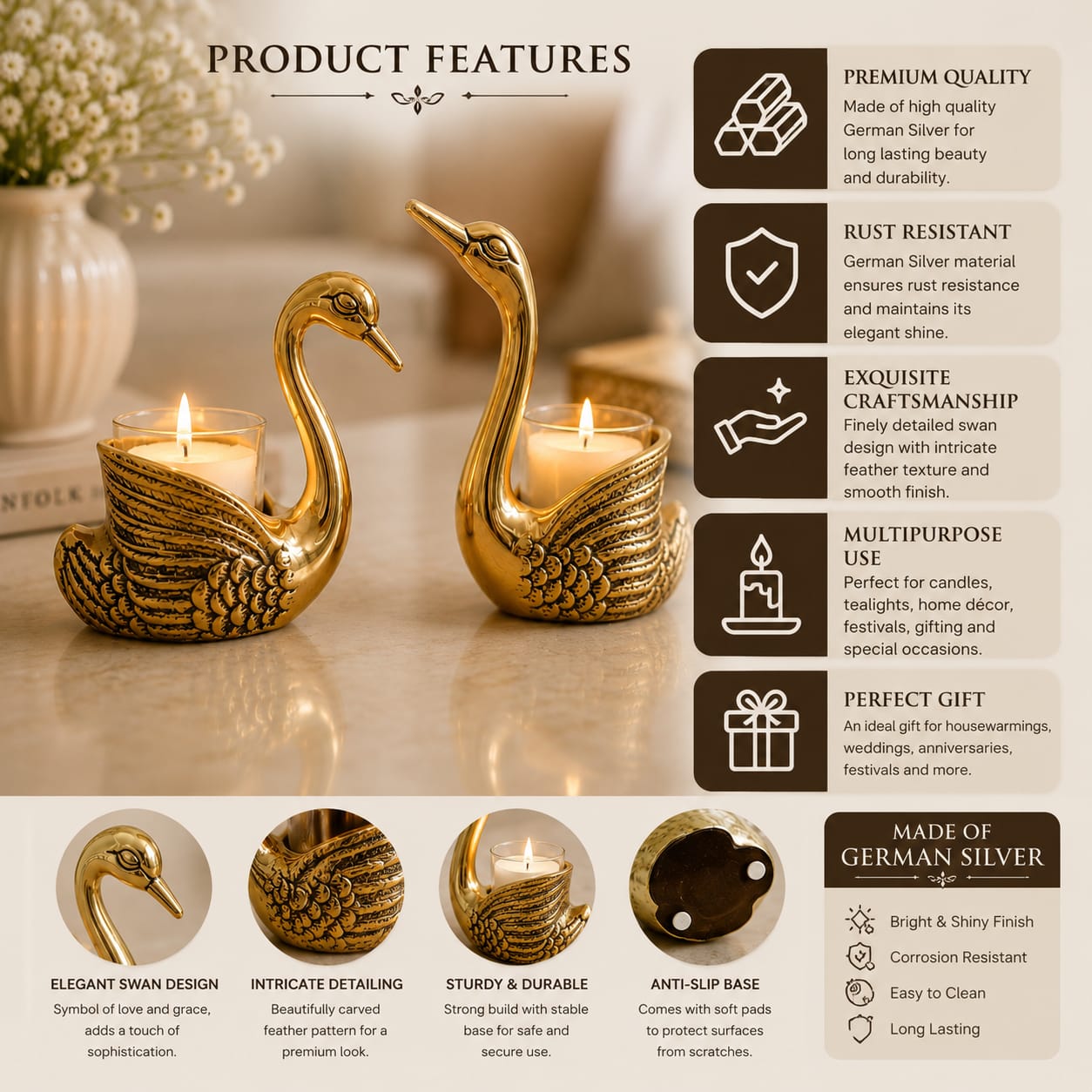 Niyara Golden Swan Tealight Candle Holders Set of 2 | Decorative Metal Candle Stand for Home Decor | Luxury Table Centerpiece for Living Room, Dining Table, Bedroom, Diwali & Wedding Decoration