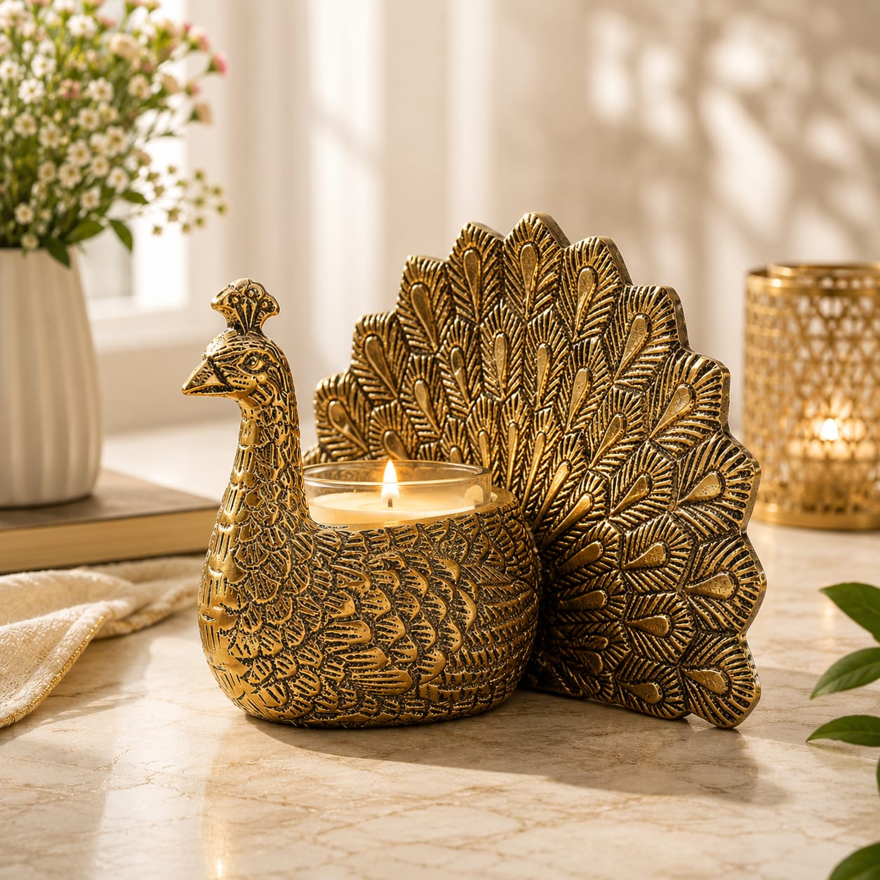 Niyara Brass Peacock Tealight Candle Holder | Decorative Golden Metal Peacock Candle Stand | Tabletop Home Decor | Living Room, Diwali & Housewarming Gift