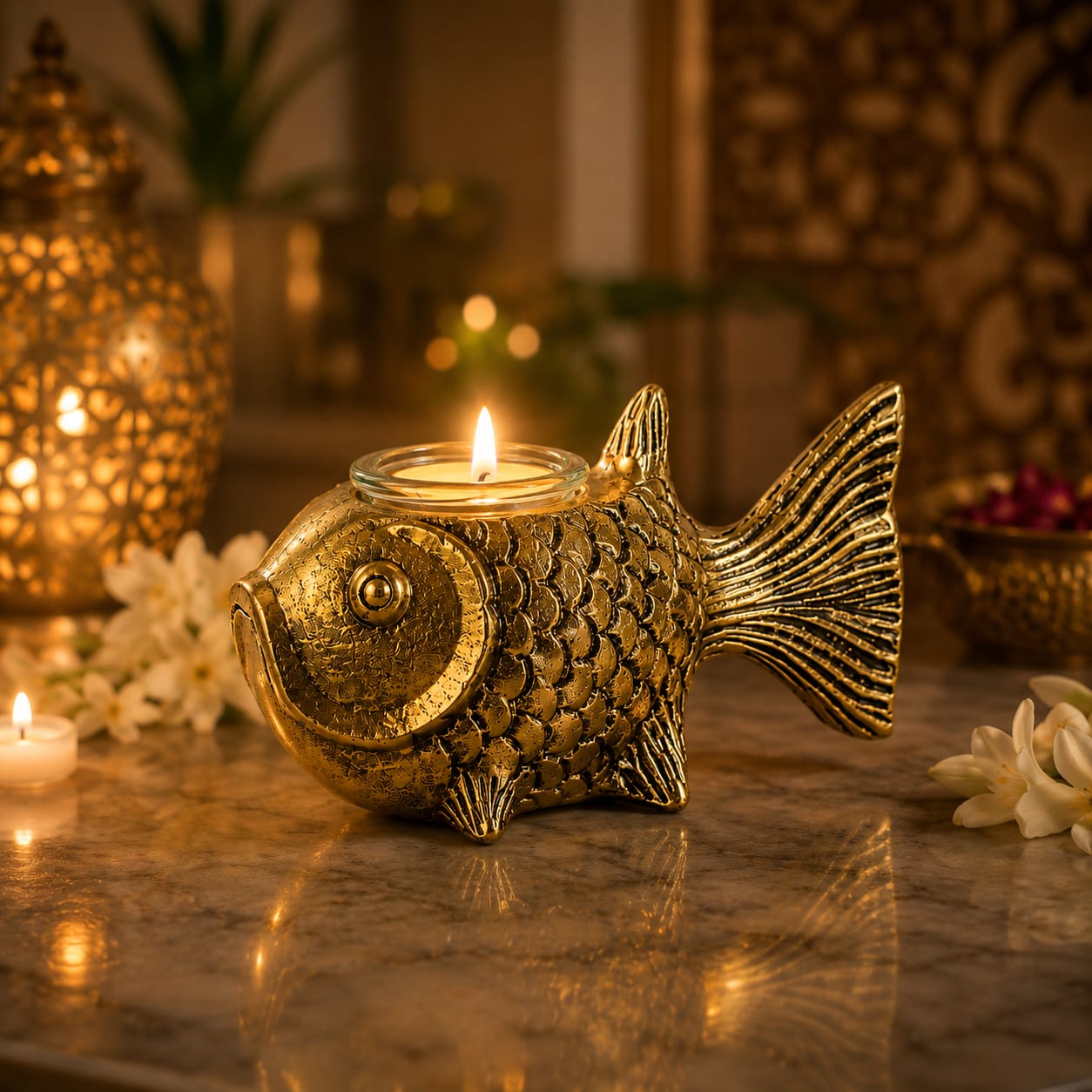 Niyara Decorative Fish Tealight Candle Holder | Antique Gold Metal Candle Stand with Glass Cup | Tabletop Home Decor for Living Room, Bedroom, Dining Table | Diwali, Wedding & Housewarming Gift