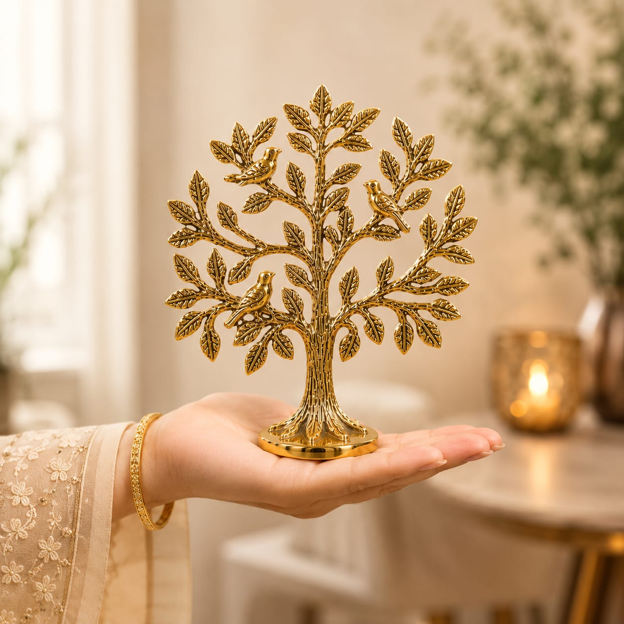 Brass Kalpavriksha Tree of Life Showpiece with Birds | Golden Tabletop Home Decor | Vastu & Feng Shui Decorative Statue | Living Room, Office & Housewarming Gift