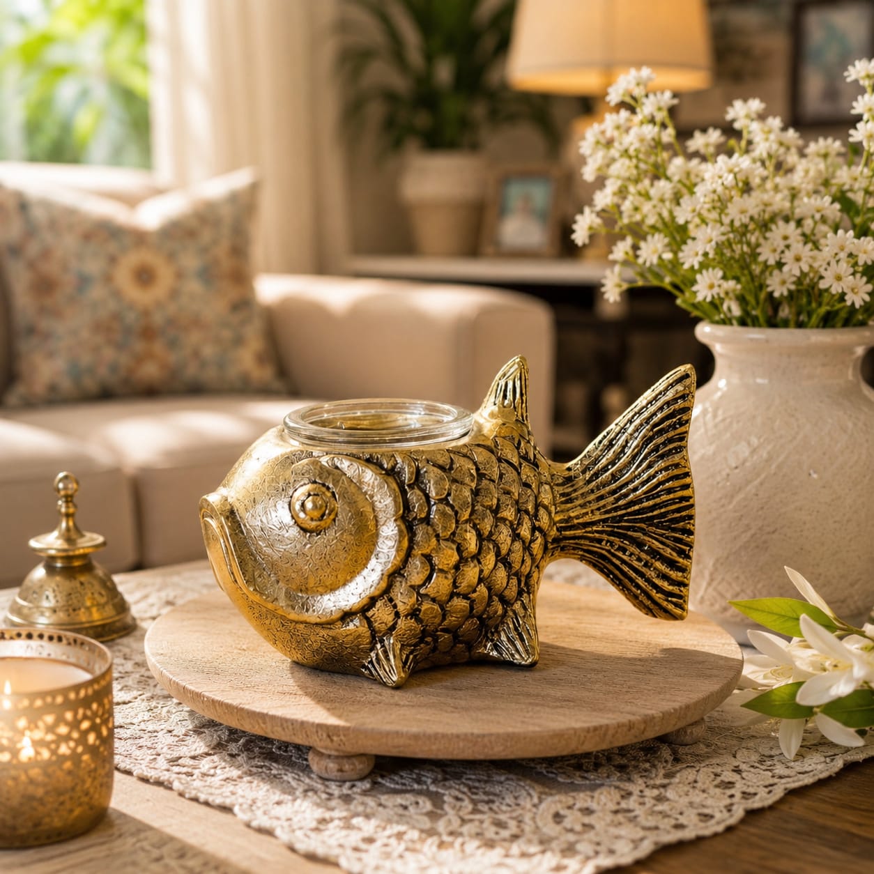 Niyara Decorative Fish Tealight Candle Holder | Antique Gold Metal Candle Stand with Glass Cup | Tabletop Home Decor for Living Room, Bedroom, Dining Table | Diwali, Wedding & Housewarming Gift