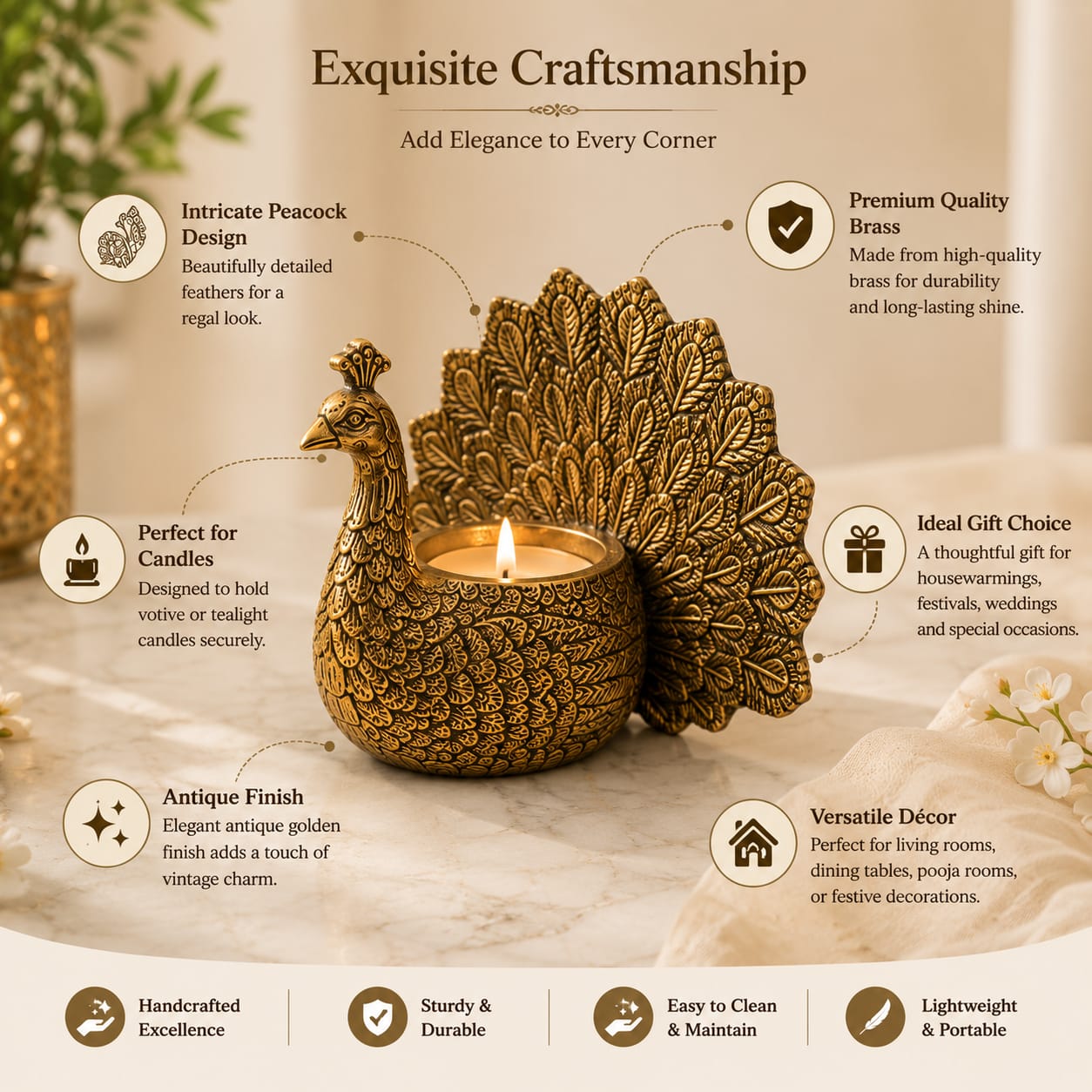 Niyara Brass Peacock Tealight Candle Holder | Decorative Golden Metal Peacock Candle Stand | Tabletop Home Decor | Living Room, Diwali & Housewarming Gift