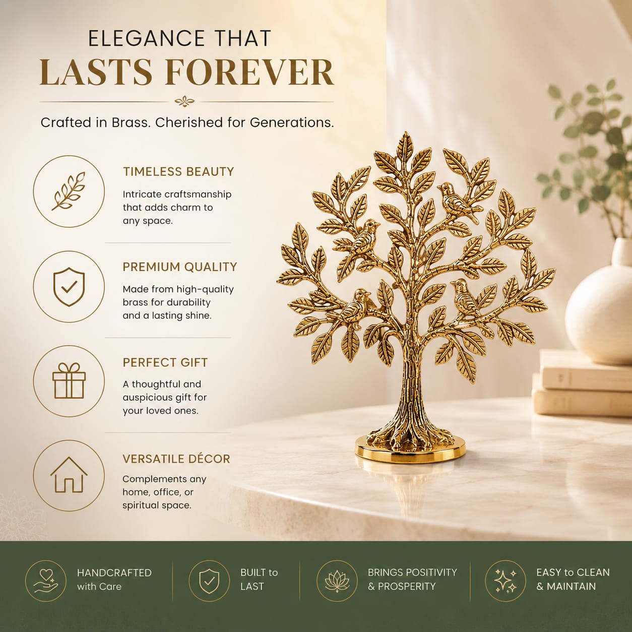 Brass Kalpavriksha Tree of Life Showpiece with Birds | Golden Tabletop Home Decor | Vastu & Feng Shui Decorative Statue | Living Room, Office & Housewarming Gift
