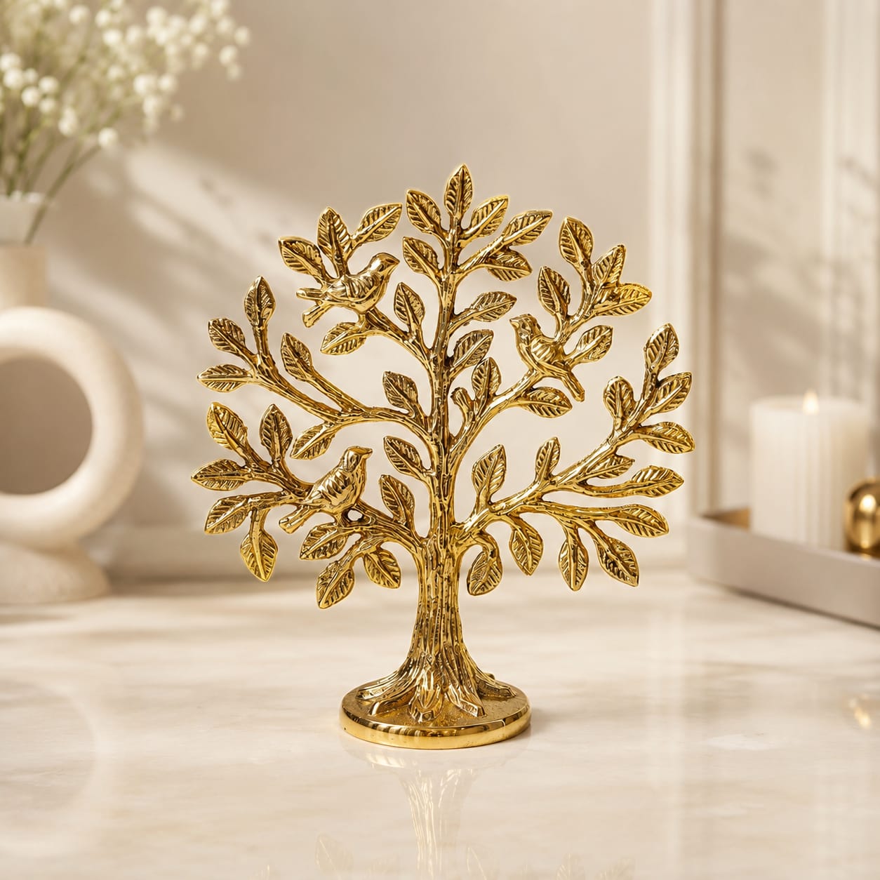 Brass Kalpavriksha Tree of Life Showpiece with Birds | Golden Tabletop Home Decor | Vastu & Feng Shui Decorative Statue | Living Room, Office & Housewarming Gift